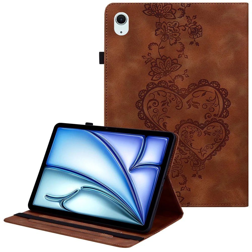 For iPad Air 13 (2026) / (2025) / (2024) Leather Case Heart Imprint Foldable Stand Card Slot Stylus Holder Tablet Cover - Brown - 1