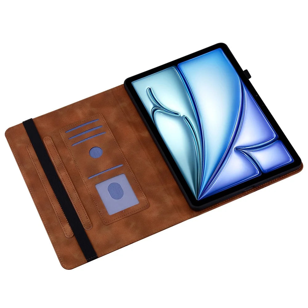 For iPad Air 13 (2026) / (2025) / (2024) Leather Case Heart Imprint Foldable Stand Card Slot Stylus Holder Tablet Cover - Brown - 2