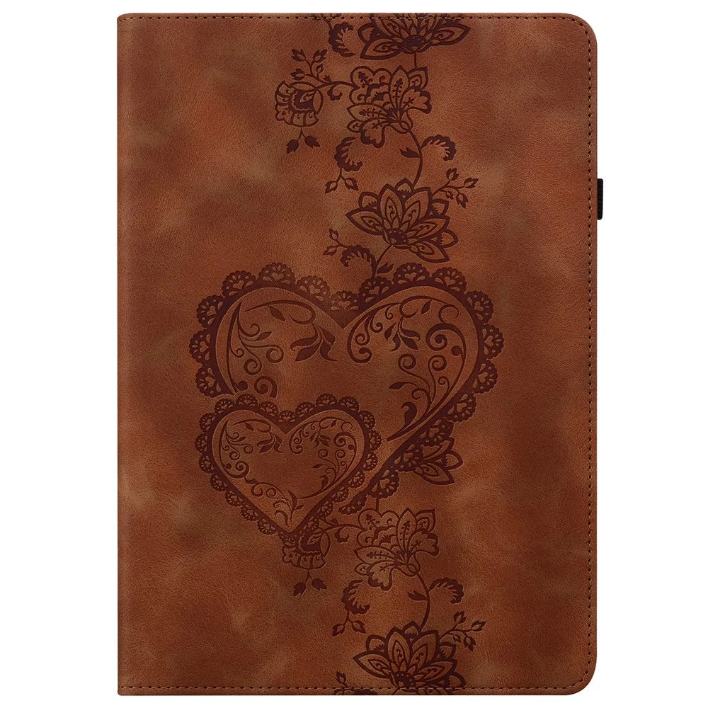 For Lenovo Tab M9 TB-310FU Leather Case Heart Imprint Foldable Stand Card Slot Stylus Holder Tablet Cover - Brown - 7