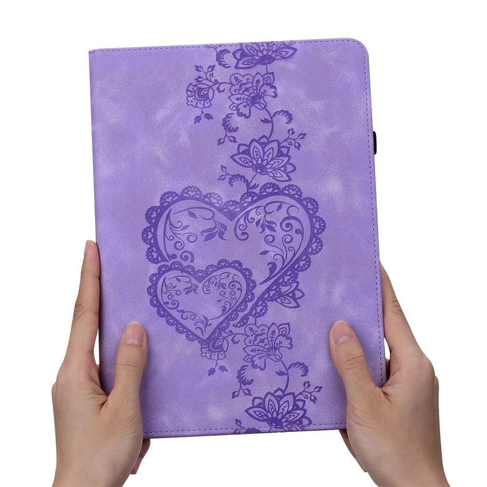 For Lenovo Tab M10 Plus (3rd Gen) Leather Case Heart Imprint Foldable Stand Card Slot Stylus Holder Tablet Cover - Purple - 6
