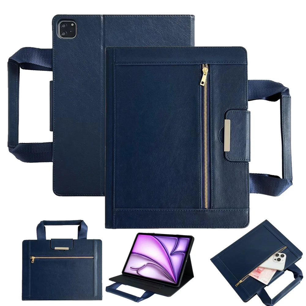 Tablet Case for iPad Air 13 (2026) / (2025) / (2024) / Pro 12.9 (2022) / (2020) / (2018) Auto Wake / Sleep Leather Cover with Handle / Zipper Pouch - Sapphire - 1