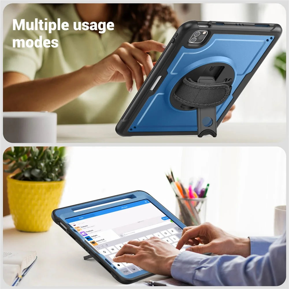 Tablet Case For iPad Air (2022)  /  (2020)  /  Pro 11 (2022)  /  (2021)  /  (2020)  /  (2018) PC + TPE Cover with Hand Strap and Shoulder Strap - Navy Blue - 2