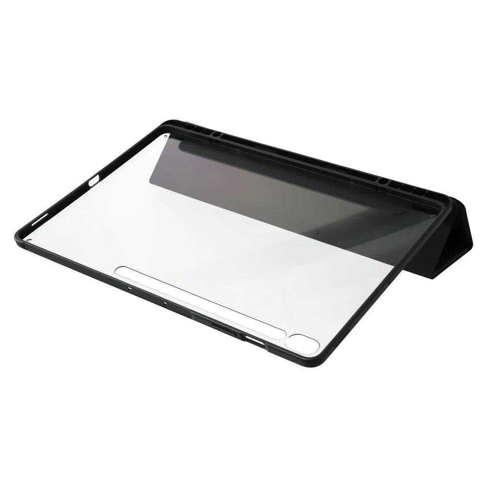For Samsung Galaxy Tab S10 FE+ Case Skin-Touch Tri-Fold Stand PU Leather TPU Acrylic Clear Tablet Cover - Black - 2