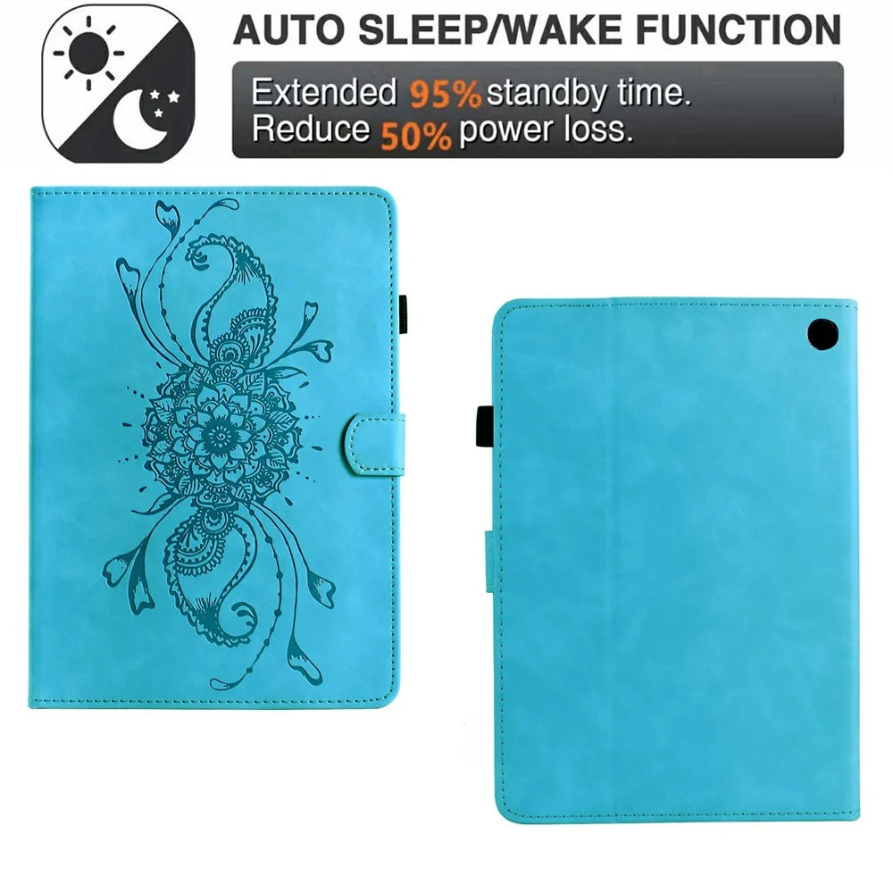 For Amazon Fire 7 (2022) Case Mandala Imprinted Leather Tablet Cover with Card Slots - Sky Blue - 5