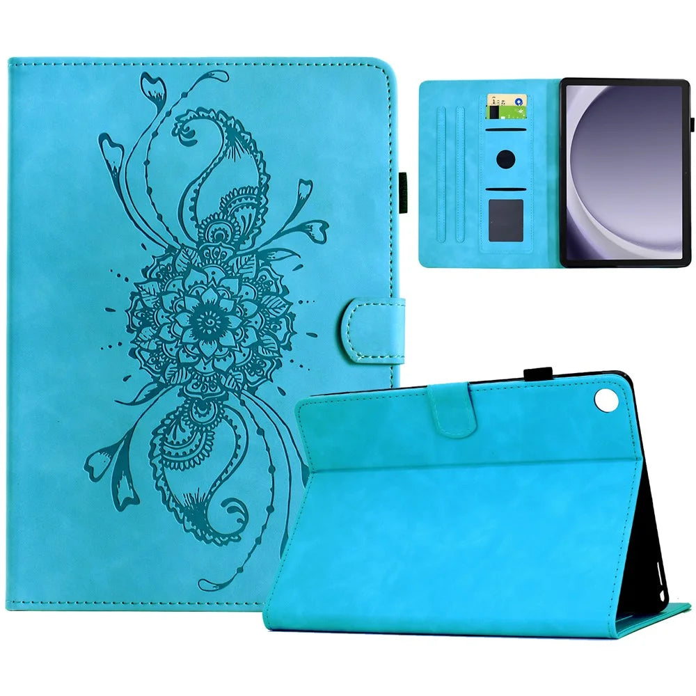 For Samsung Galaxy Tab A9+ Case Mandala Imprinted Leather Tablet Cover with Card Slots - Sky Blue - 1