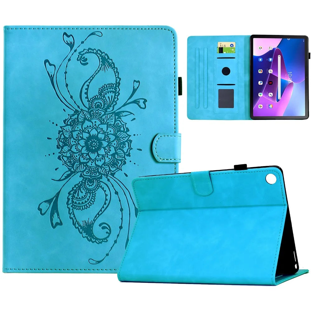 For Lenovo Tab M10 Plus (3rd Gen) Case Mandala Imprinted Leather Tablet Cover with Card Slots - Sky Blue - 1