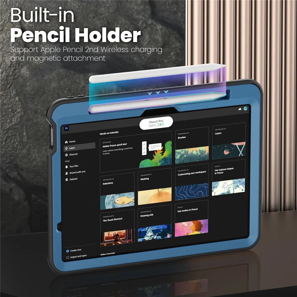 For iPad Air 11 (2026) / (2025) / (2024) Case Hidden Zinc Alloy Kickstand PC + TPE Tablet Cover with Shoulder Strap - Navy Blue - 6