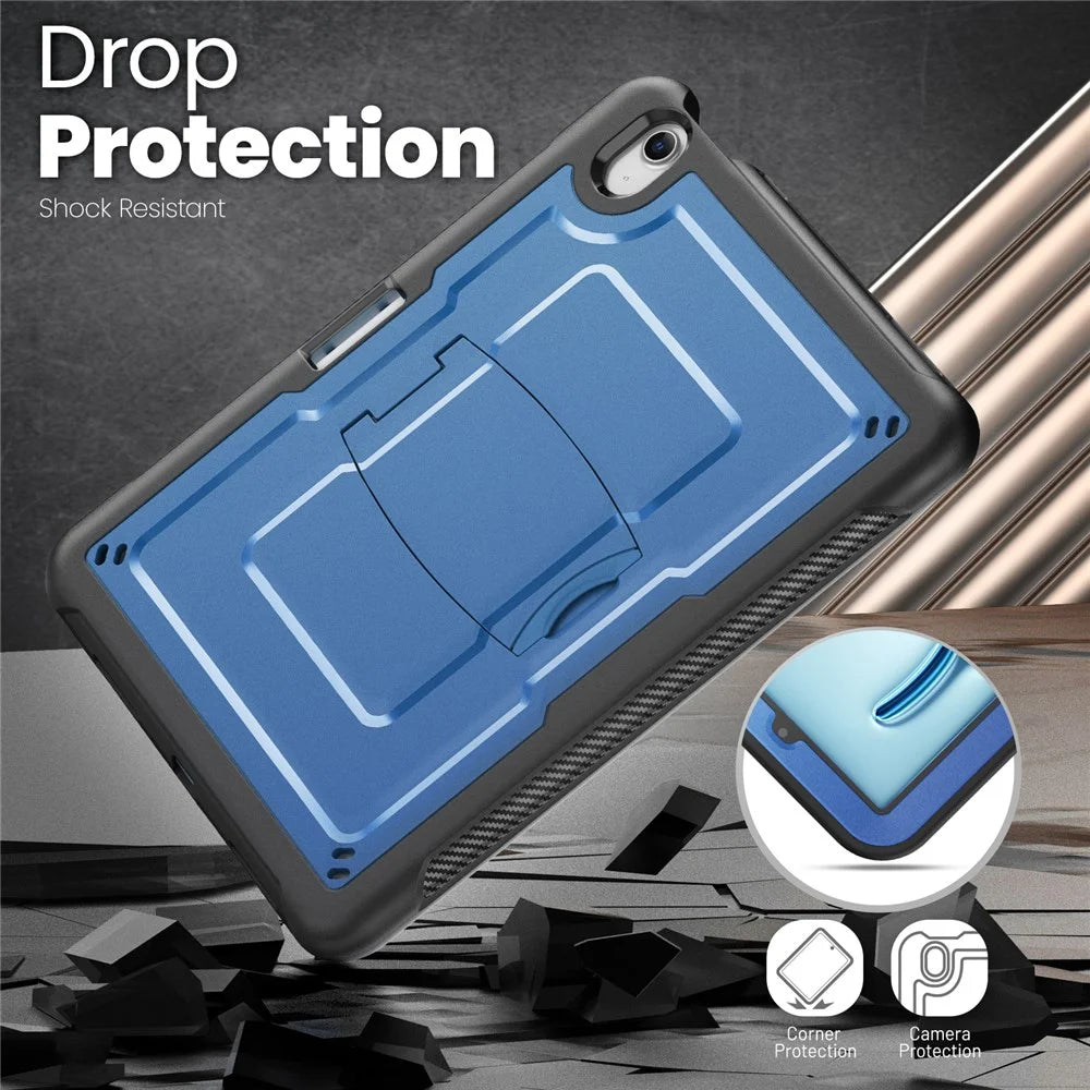 For iPad Air 11 (2026) / (2025) / (2024) Case Hidden Zinc Alloy Kickstand PC + TPE Tablet Cover with Shoulder Strap - Navy Blue - 7