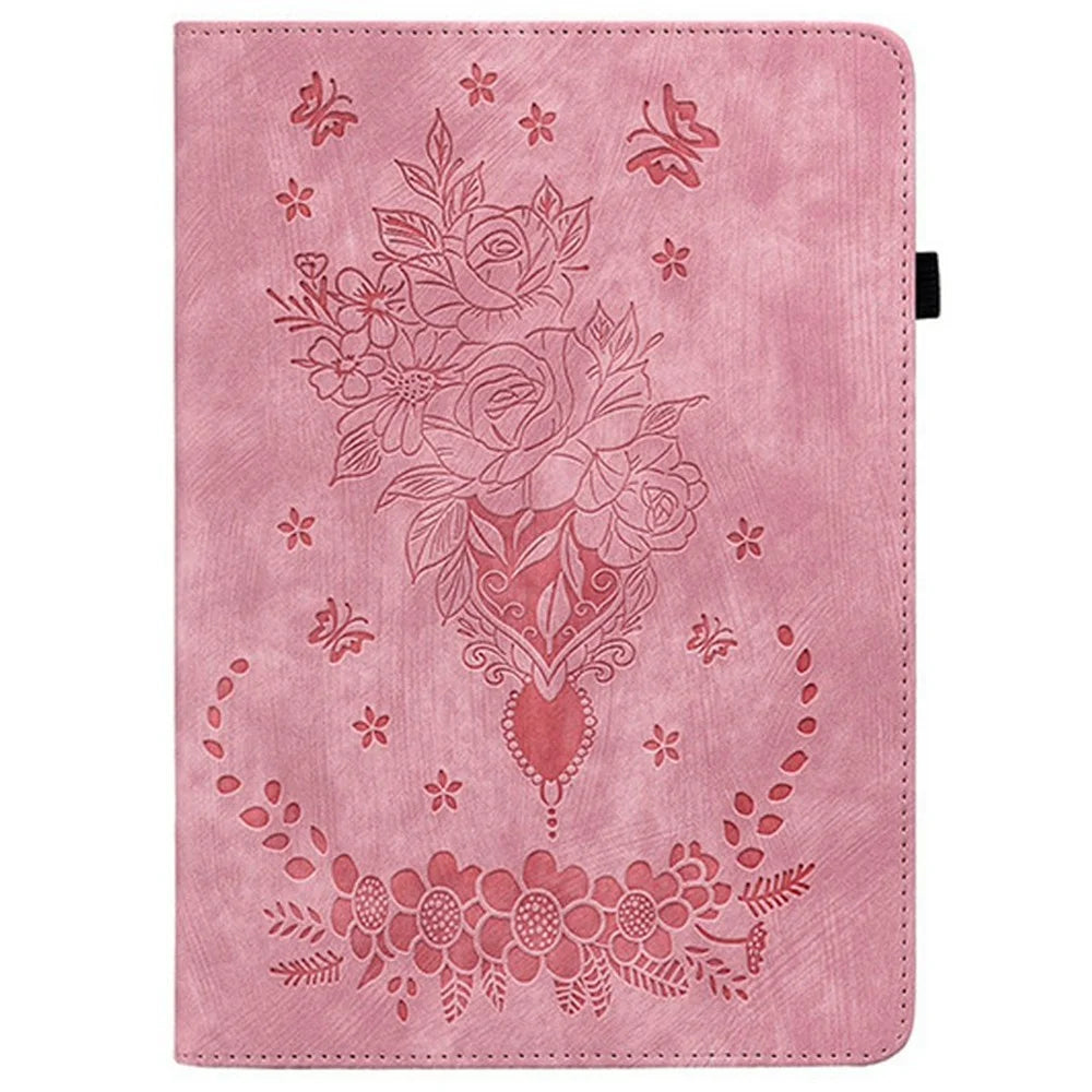 For Lenovo Tab TB311FU Case Card Holder Anti-Scratch Leather Cover Rose Flower Imprint - Pink - 5