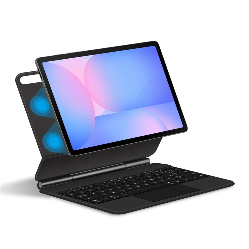 For Samsung Galaxy Tab S10 FE Magnetic Floating Bluetooth-Compatible Keyboard (Portuguese) + Leather Tablet Case - Black - 1