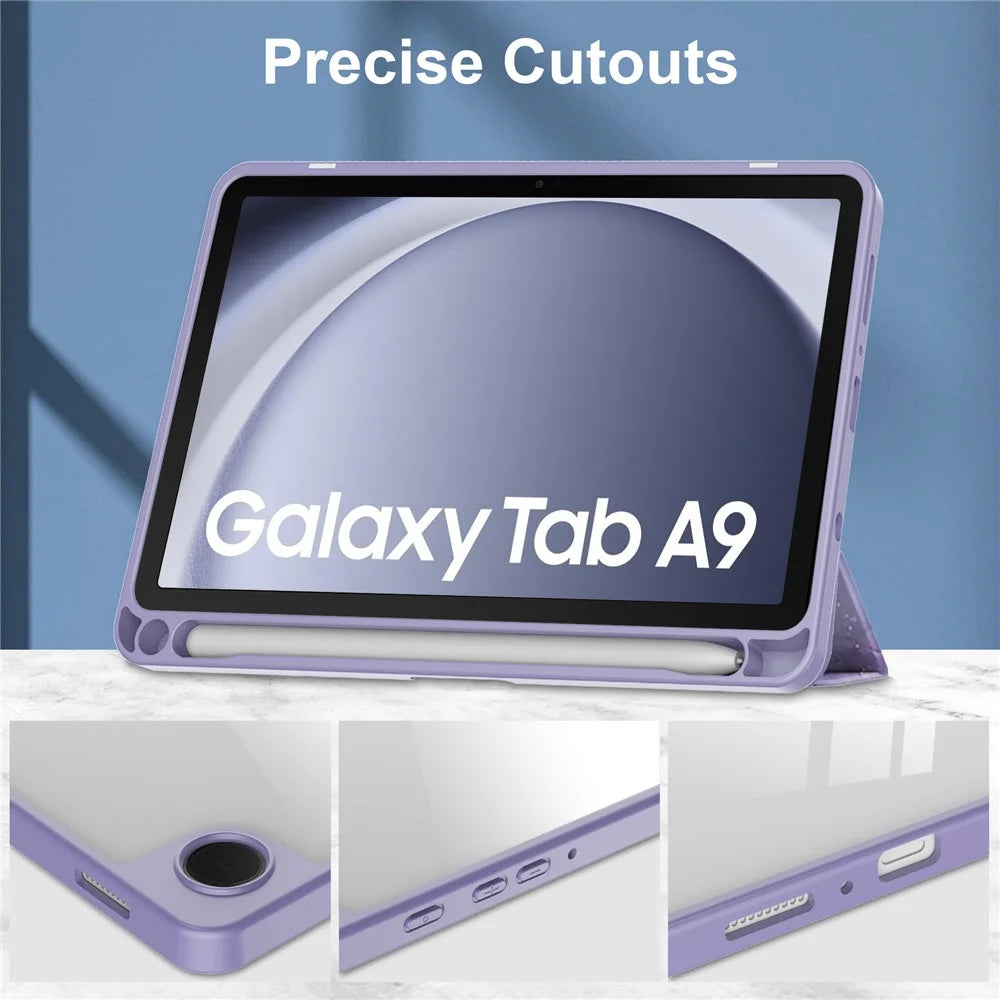 For Samsung Galaxy Tab A9 Tablet Case Tri-Fold Stand Pattern Printing Clear Acrylic Leather Cover - Purple Marble - 4