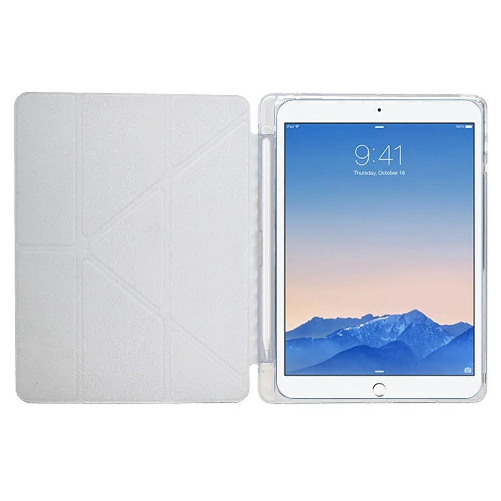 Tablet Case For iPad 9.7-inch (2018) / (2017) / Air 2 / Air (2013) , Y-Fold Stand Pyramid-Patterned Leather + Clear Acrylic Cover - Gold - 2