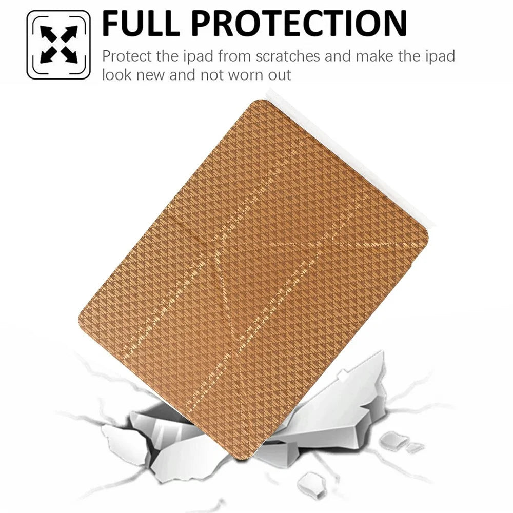 Tablet Case For iPad 9.7-inch (2018) / (2017) / Air 2 / Air (2013) , Y-Fold Stand Pyramid-Patterned Leather + Clear Acrylic Cover - Gold - 7
