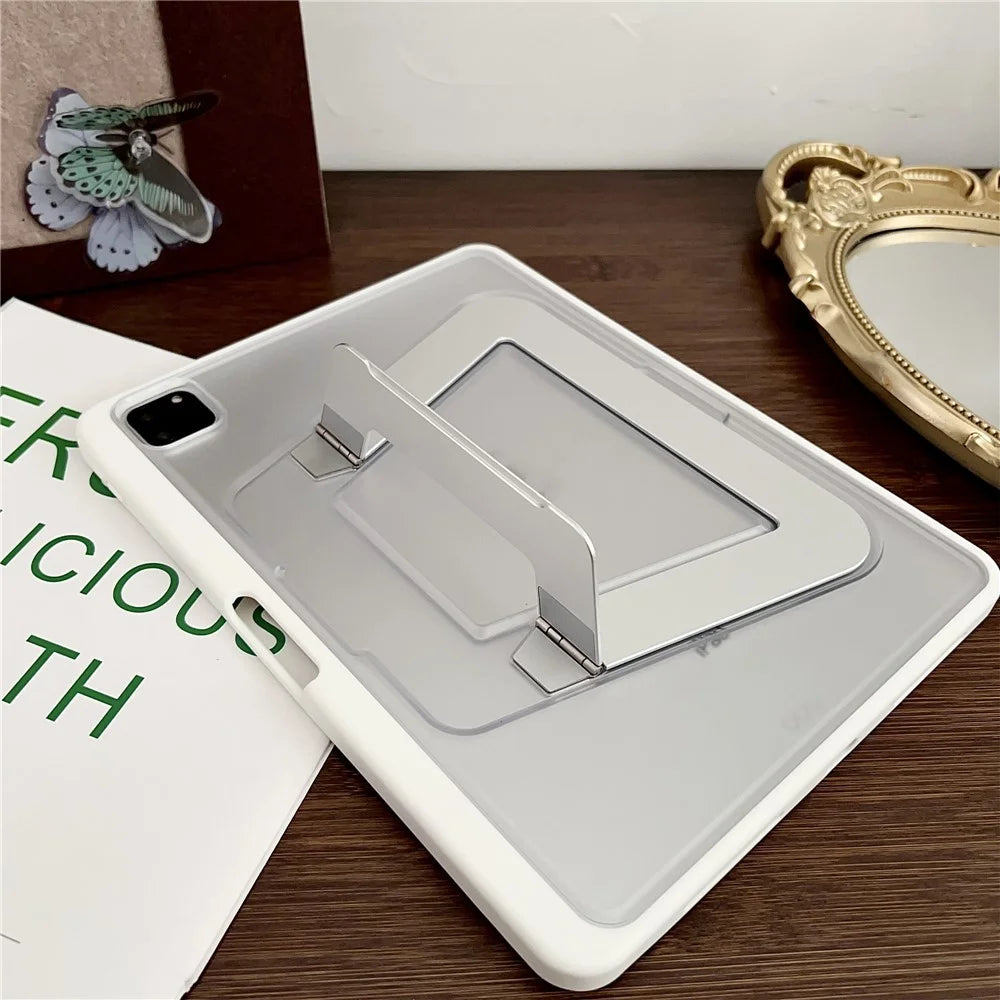 For iPad Air 11 (2026) / (2025) / (2024) Case with Pencil Holder Metal Foldable Kickstand TPU Acrylic Matte Tablet Cover - White - 2