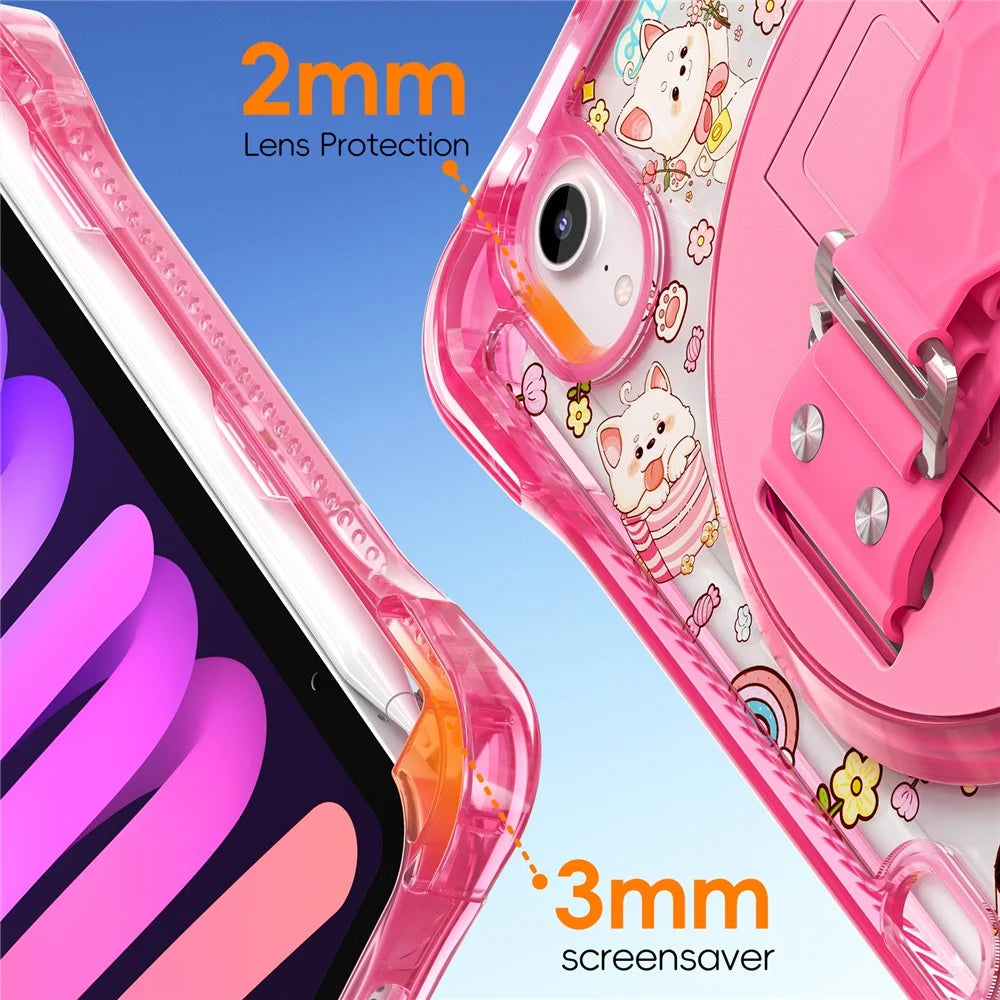 For iPad mini (2024) / (2021) Case Kickstand Hand Strap Imprint PC TPU Acrylic Cover with Shoulder Strap - Pink - 5