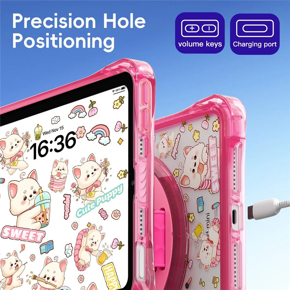 For iPad mini (2024) / (2021) Case Kickstand Hand Strap Imprint PC TPU Acrylic Cover with Shoulder Strap - Pink - 7