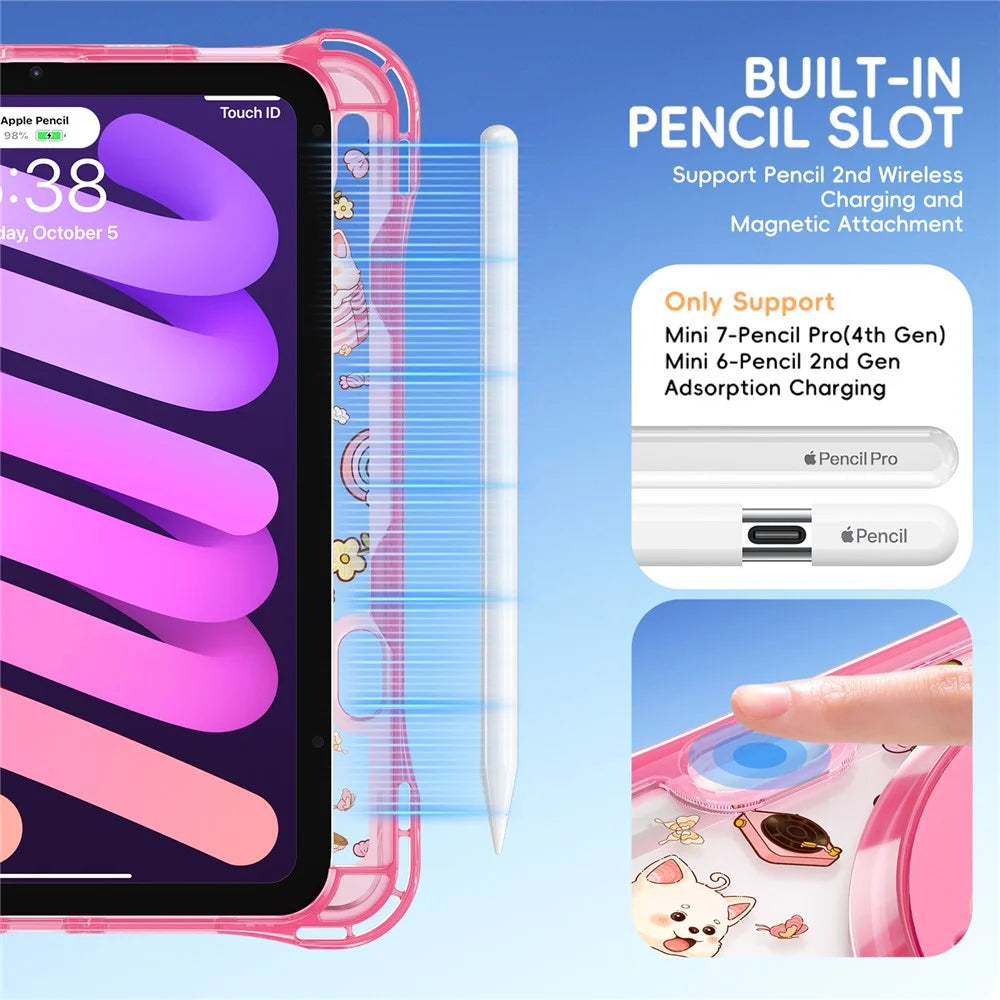 For iPad mini (2024) / (2021) Case Kickstand Hand Strap Imprint PC + TPU + Acrylic Tablet Cover - Pink - 4