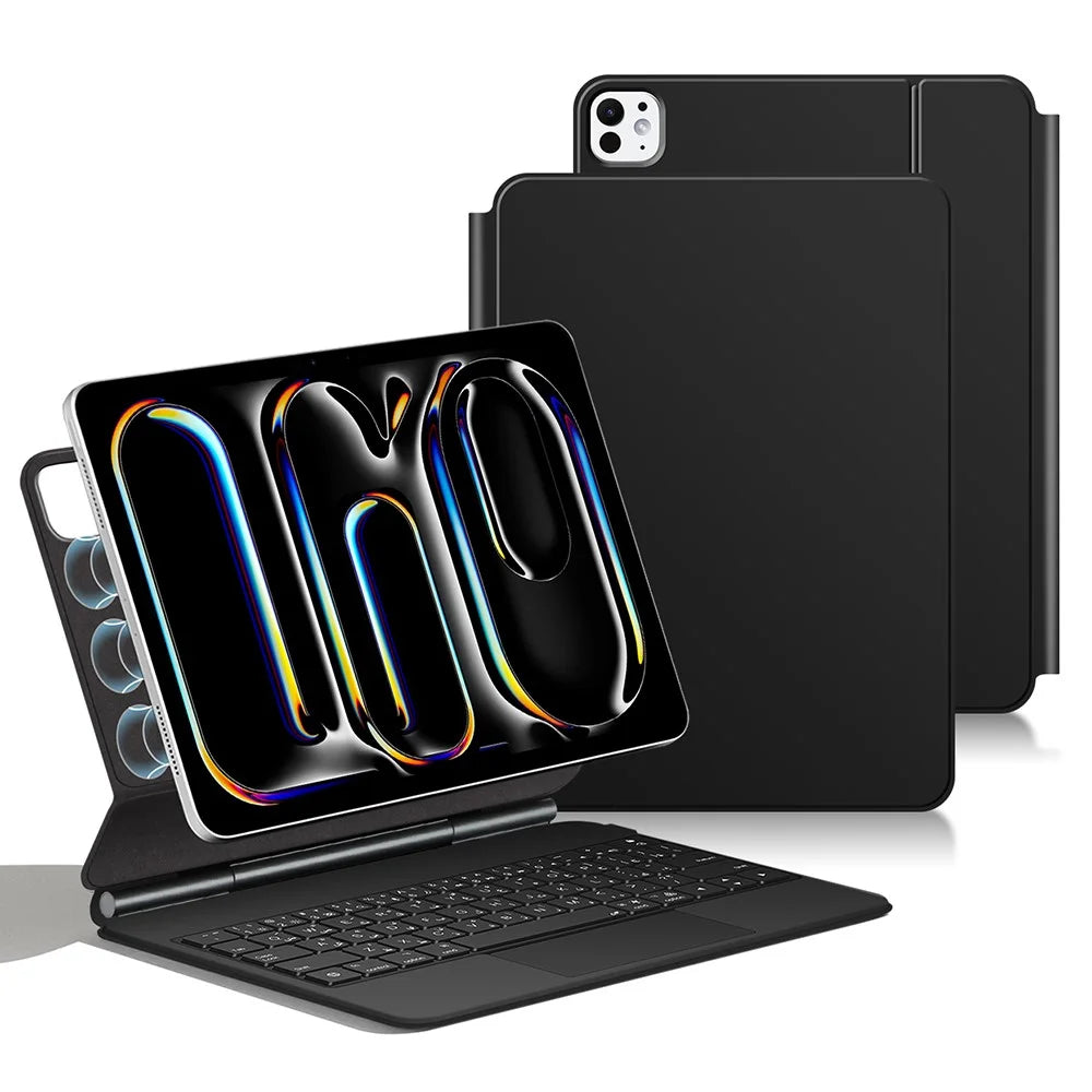 For iPad Pro 13 (2025) / 13 (2024) Smart Pogo Pin Direct Connection Keyboard (Arabic Layout) + Leather Tablet Case - Black - 1