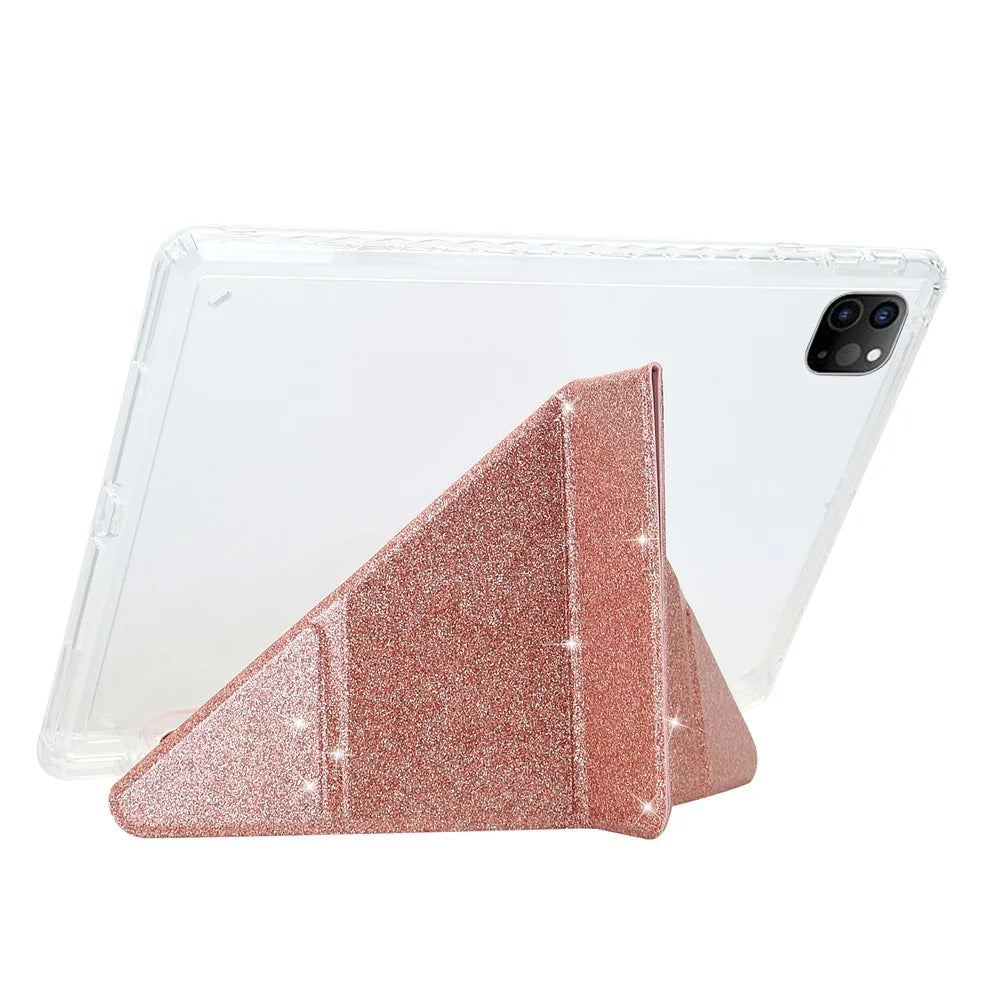 Tablet Case For iPad Pro 12.9 (2022)  /  (2021)  /  (2020)  /  (2018) Y-Fold Stand Glitter Leather TPU Acrylic Clear Cover - Rose Gold - 3