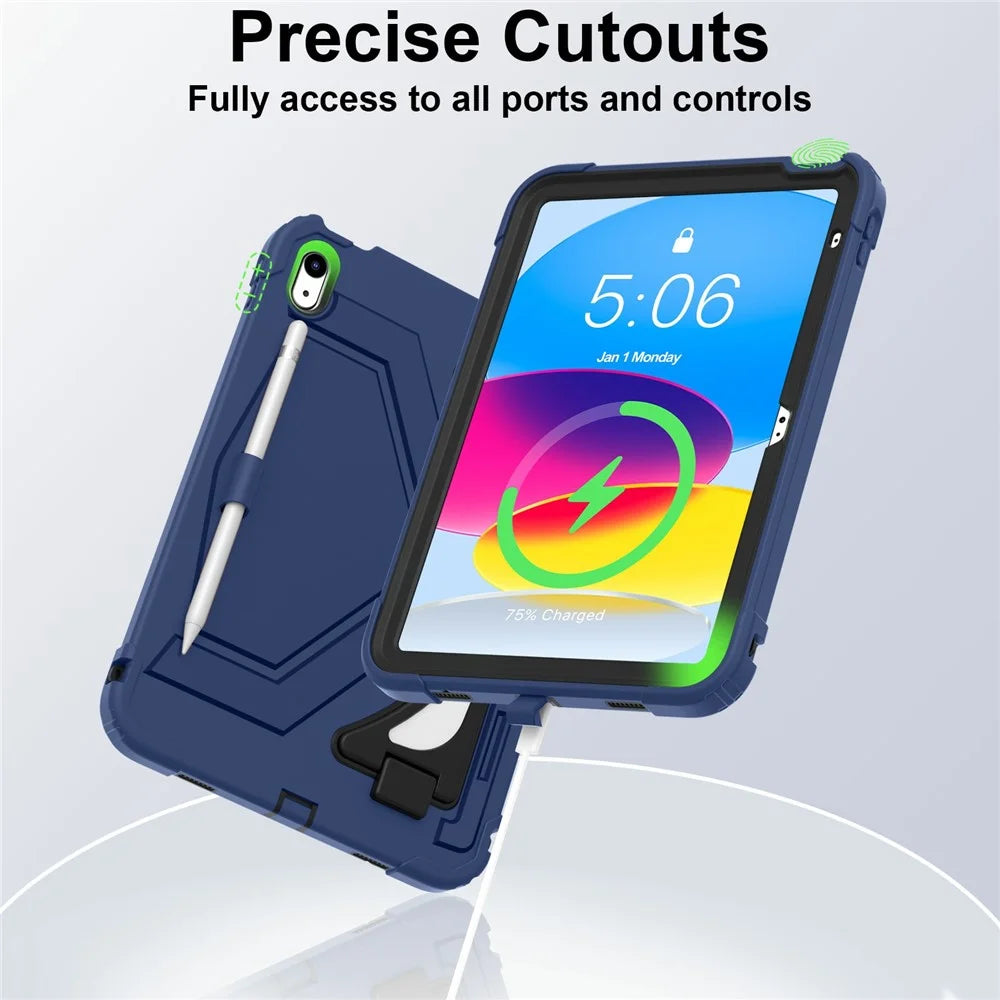 For iPad (2025) / 10.9 (2022) Kickstand Case Leopard Style Protective Tablet Cover with Shoulder Strap - Navy Blue / Black - 4