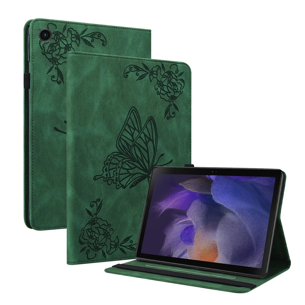 For Samsung Galaxy Tab A11 / A9 Case Butterfly Flower Imprint PU Leather Tablet Cover with Card Slots - Green - 1