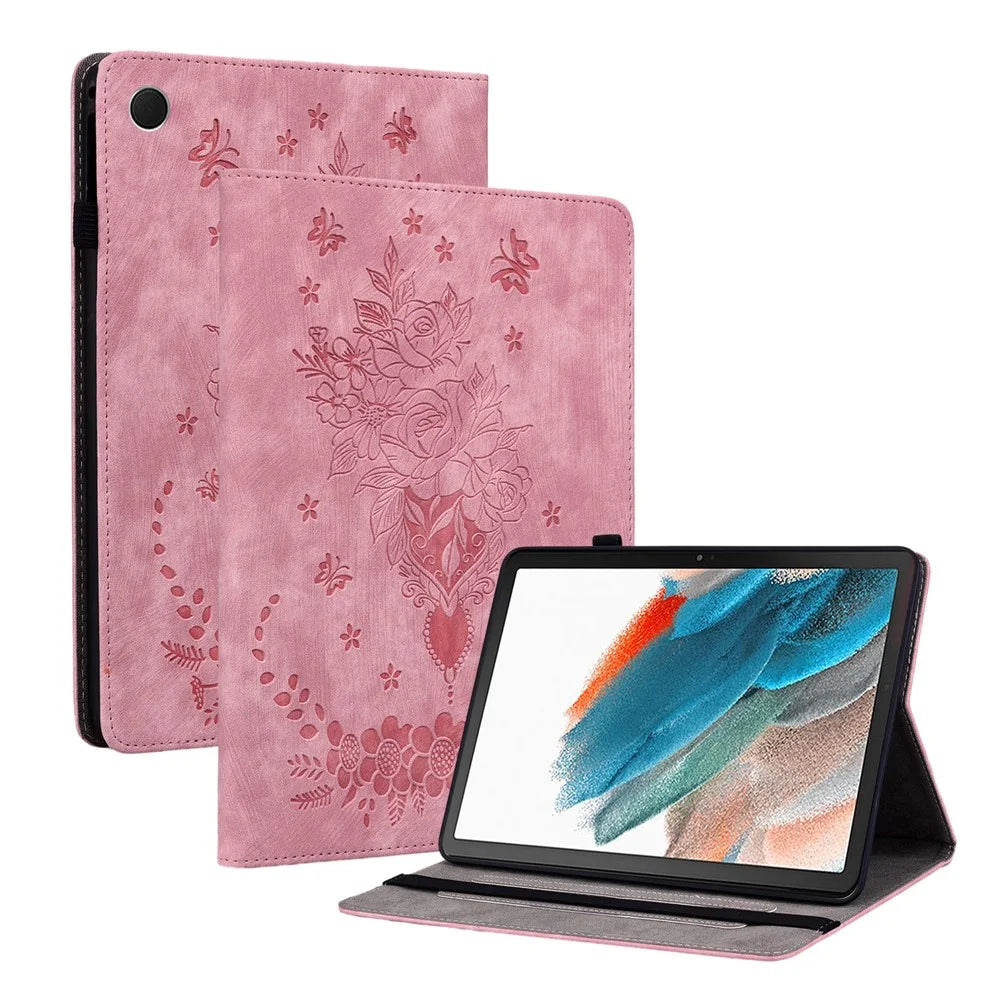 For Samsung Galaxy Tab A11+ Case Card Holder Anti-Scratch Leather Cover Rose Flower Imprint - Pink - 1