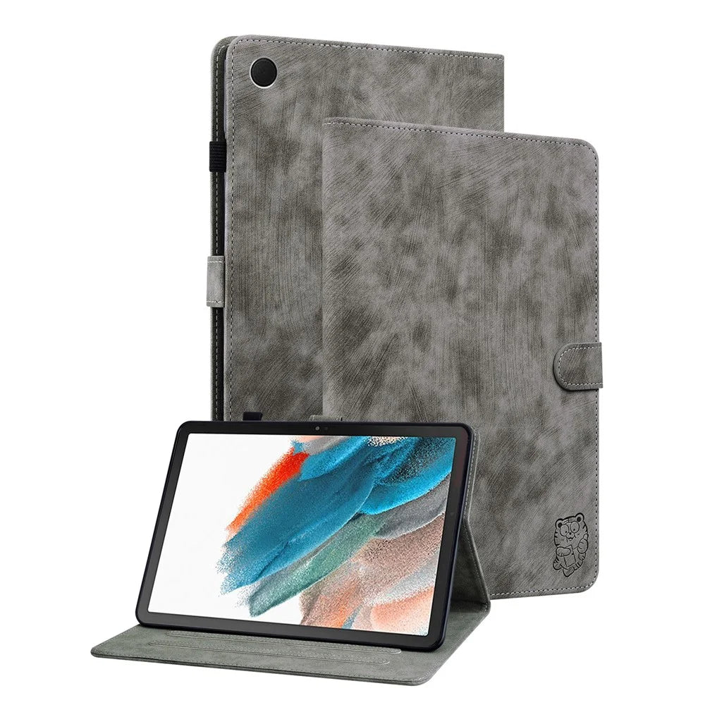 For Samsung Galaxy Tab A11+ Case Tiger Imprint Anti-Scratch PU Leather Tablet Cover - Grey - 1