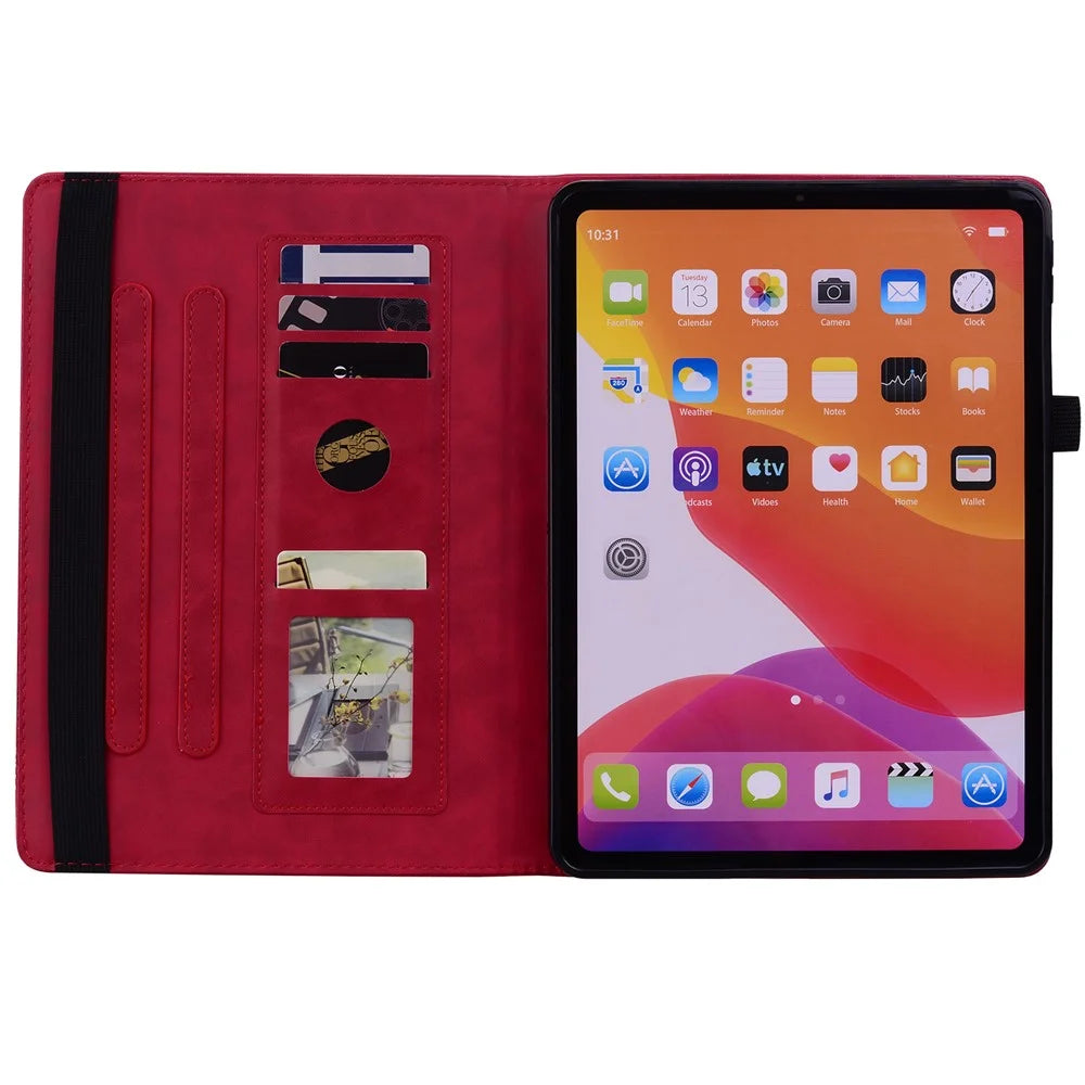 For Samsung Galaxy Tab A11+ / Tab A9+ Tablet Case Card Slots Leather Cover Flower Pattern - Red - 2