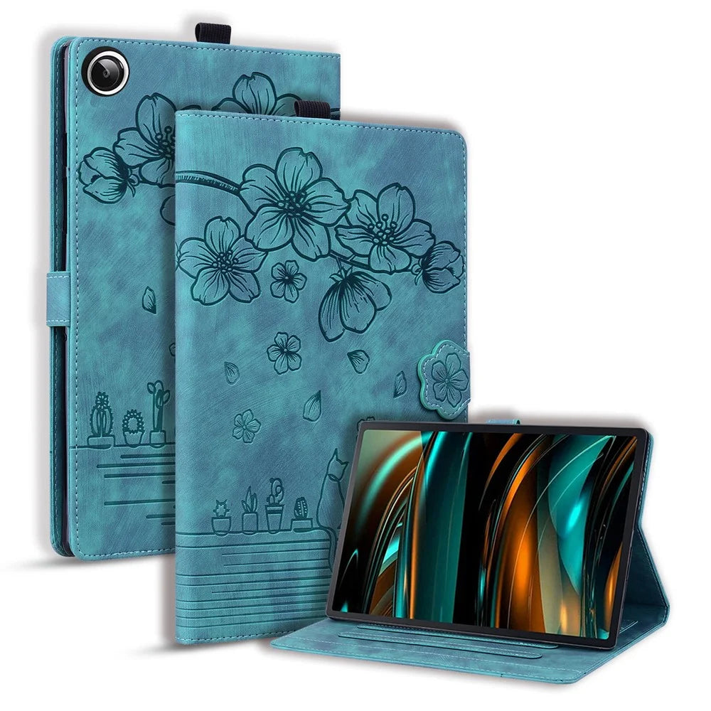 For Samsung Galaxy Tab A11 X133 X130 / Tab A9 Case Card Slots Leather Tablet Stand Folio Cover Flower Cat - Green - 1