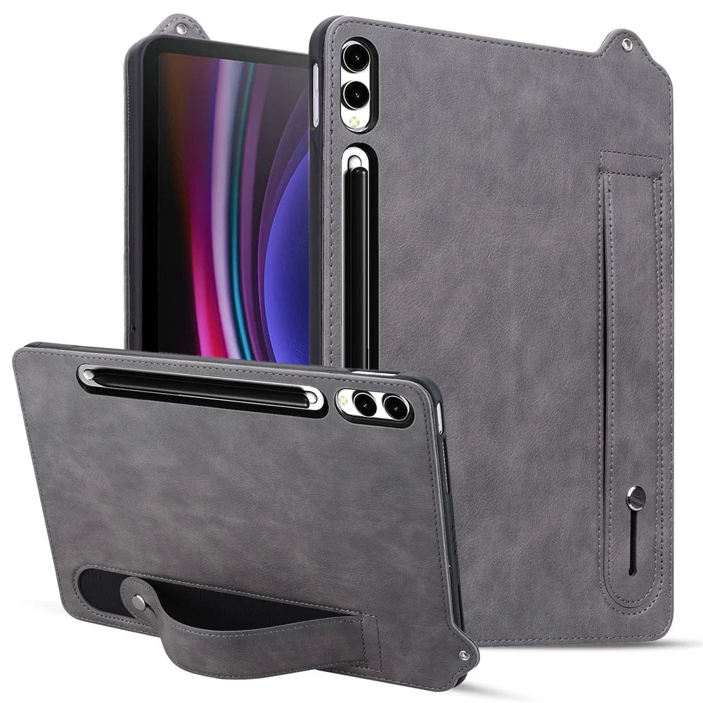 For Samsung Galaxy Tab S11 Ultra Case Hand Strap Kickstand Leather Tablet Cover - Grey - 1
