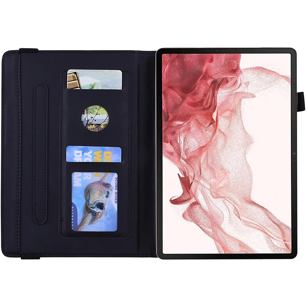 For Samsung Galaxy Tab S10 Ultra / S9 Ultra / S8 Ultra Tablet Case Card Slots Leather Cover Flower Pattern - Black - 2