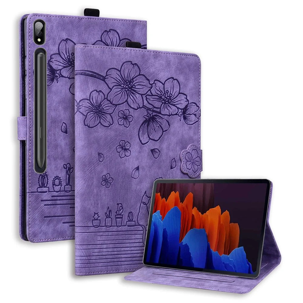 For Samsung Galaxy Tab S10 Ultra / S9 Ultra / S8 Ultra Case Card Slots Leather Tablet Stand Folio Cover Flower Cat - Purple - 1