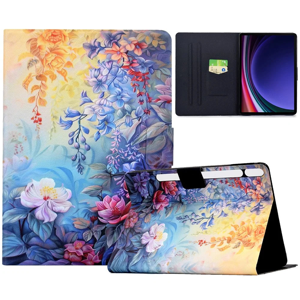 Leather Case for Samsung Galaxy Tab S10 Lite / S10 FE / S9 FE / S9 Pattern Painting Card Slots Stand Tablet Cover with Auto Sleep / Wake - Blossom - 1