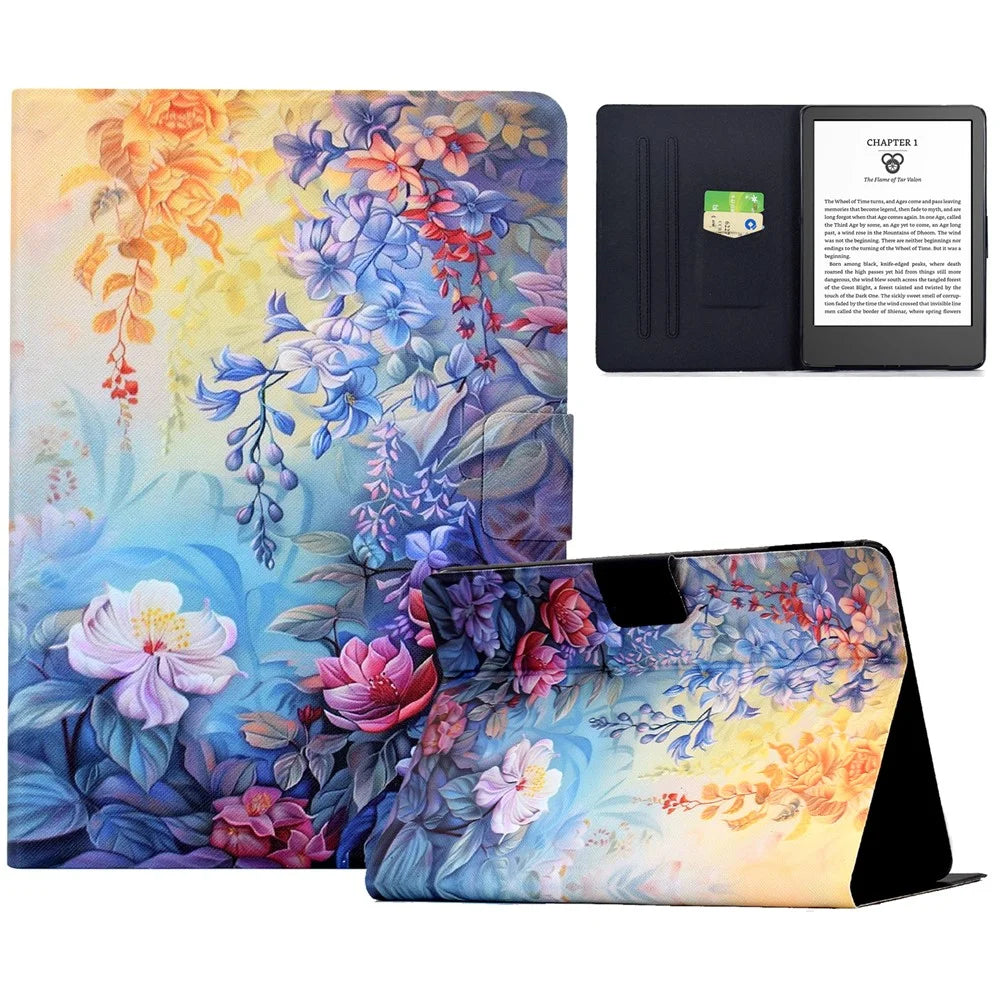 For Amazon Kindle 11th (2024)  /  Kindle 6" (2022) Case Colorful Pattern Painting Card Slots Stand Leather Tablet Cover with Auto Sleep  /  Wake - Blossom - 1