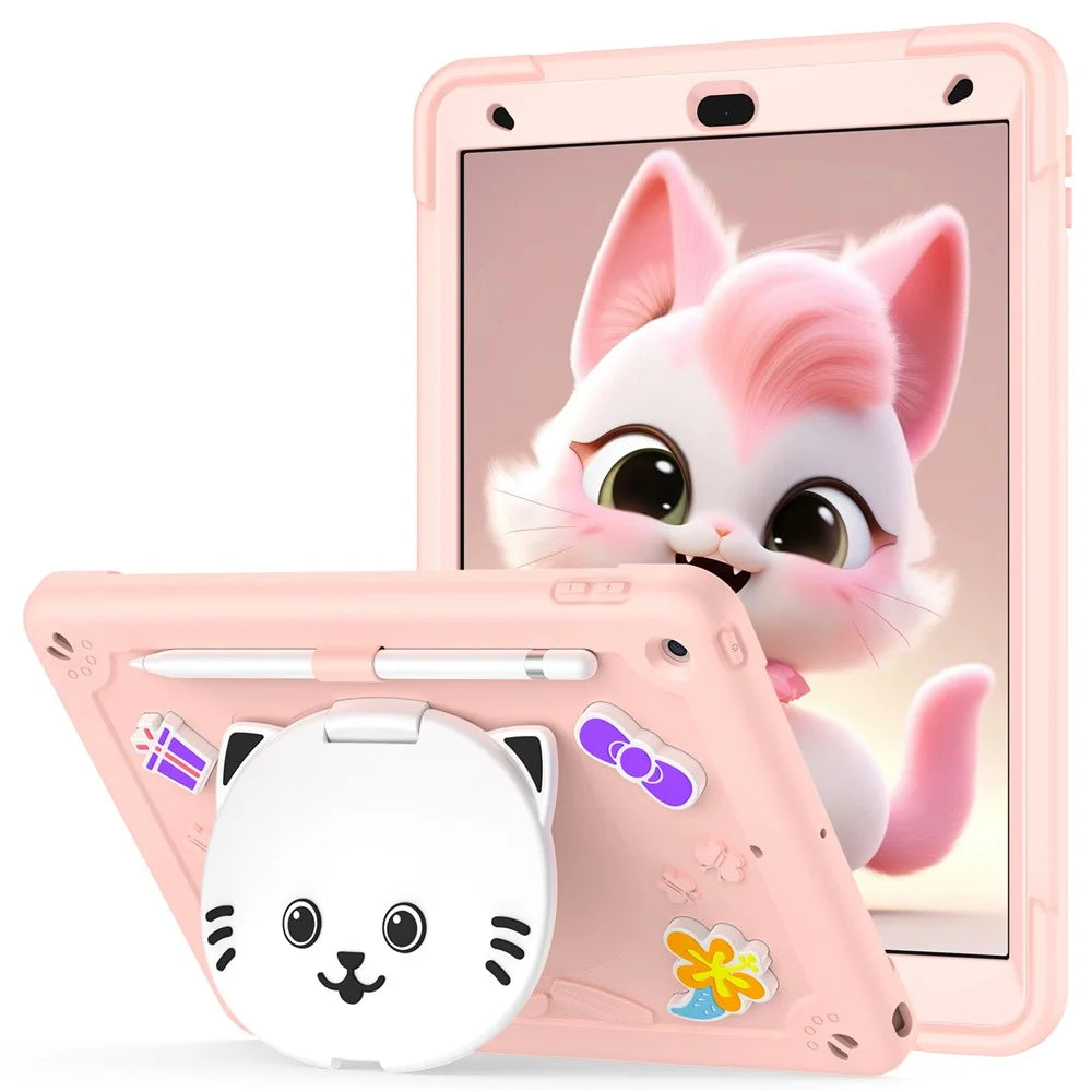For iPad 10.2 (2021) / (2020) / (2019) Case with Cat Kickstand PC + Silicone Tablet Cover - Rose Pink - 1