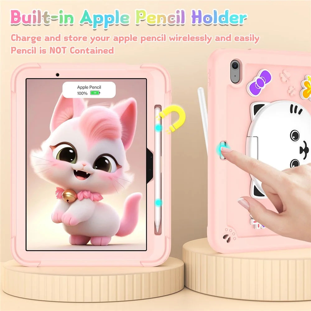 For iPad Air 11 (2026) / (2025) / (2024) Case PC + Silicone Tablet Cover with Cat Kickstand / Shoulder Strap - Rose Pink - 7
