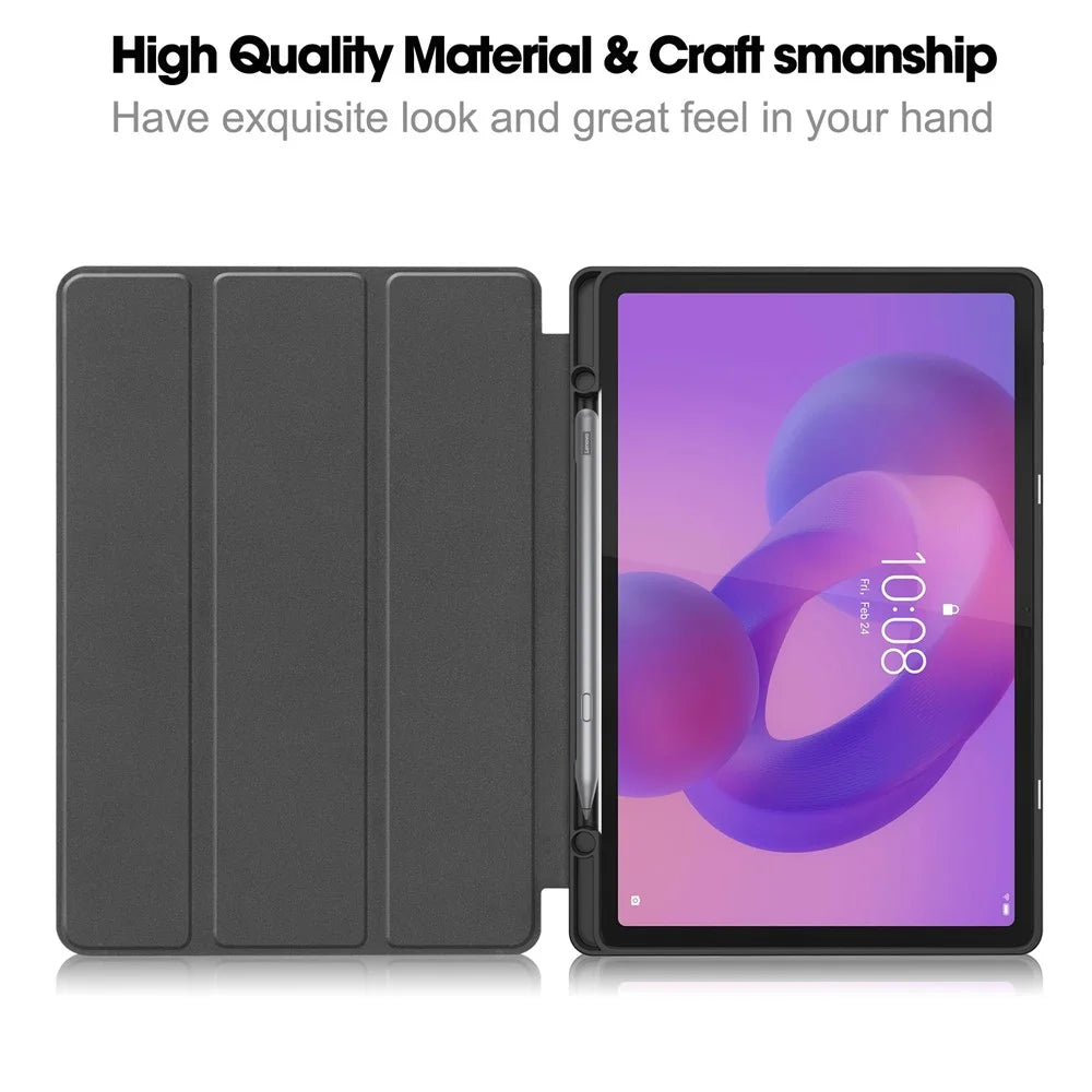 For Lenovo Idea Tab Plus Stand Case Shock-Absorbent Leather Tablet Cover with Pen Slot - Black - 2