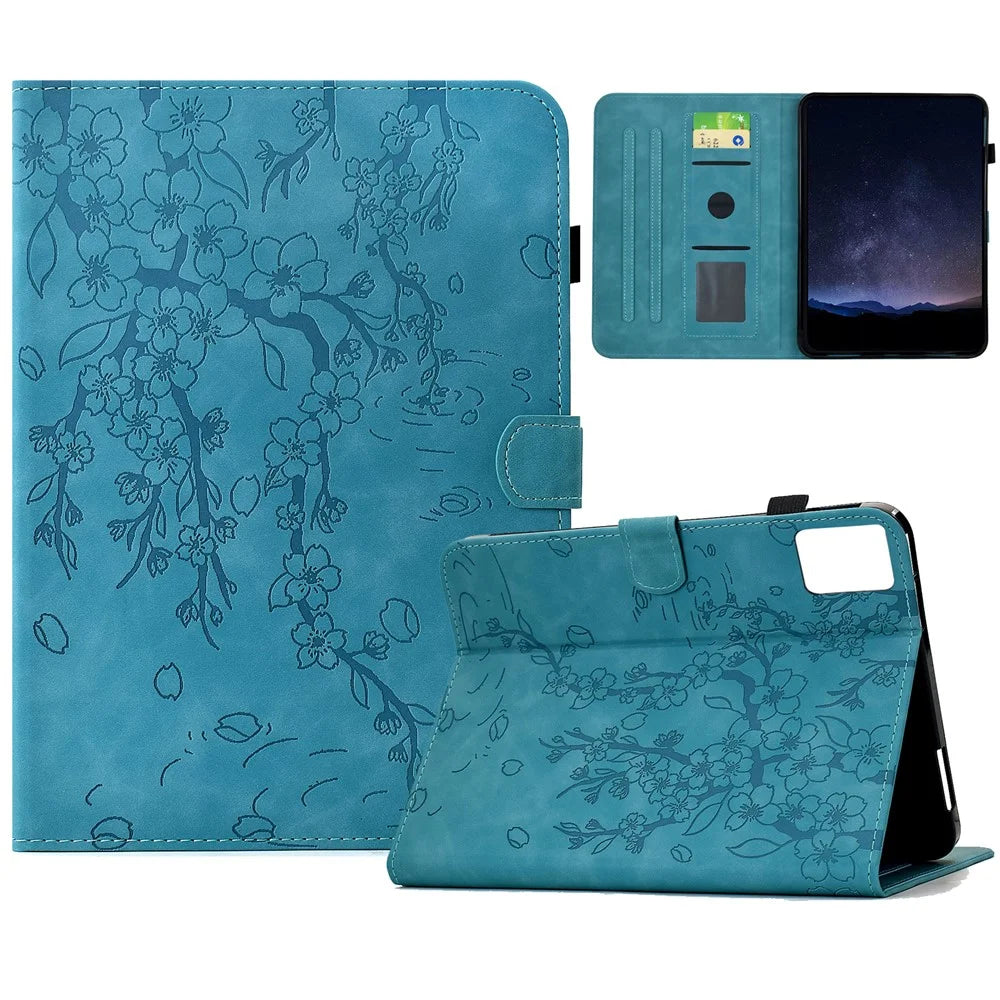 For Lenovo Tab M11 / Xiaoxin Pad 11 2024 Case Imprinted Plum Blossom Stand Card Slots Leather Tablet Cover with Auto Sleep / Wake - Baby Blue - 1