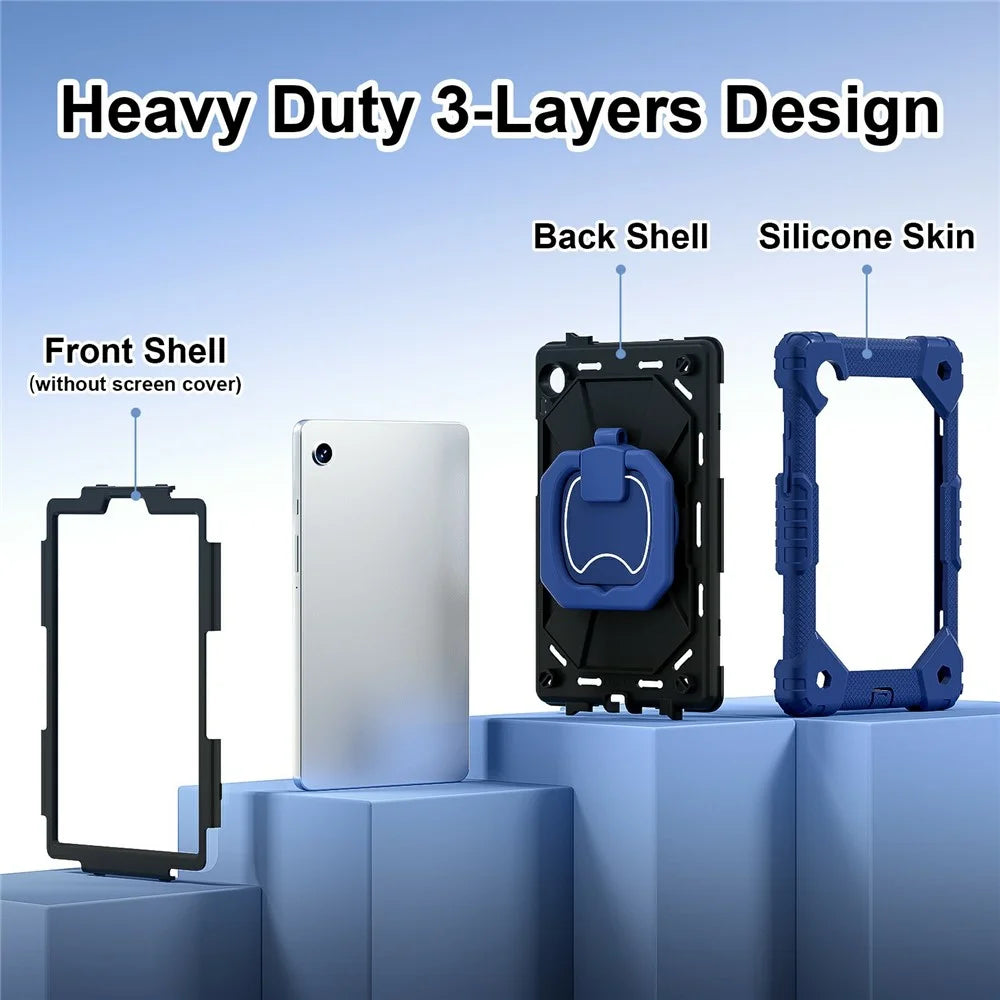 For Samsung Galaxy Tab A11 Case Silicone + PC Hand Grip Kickstand Tablet Cover with Shoulder Strap - Navy Blue  /  Black - 2