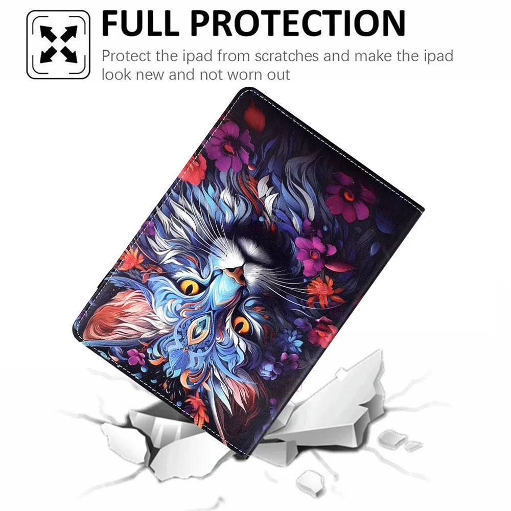 For Samsung Galaxy Tab S10 FE+ Leather Case Pattern Print Card Slots Stand Auto Sleep Wake Tablet Cover - Colorful Cat - 6