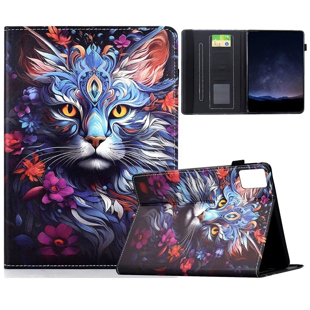For Lenovo Tab M9 Leather Case Pattern Print Card Slots Stand Auto Sleep Wake Tablet Cover - Colorful Cat - 1
