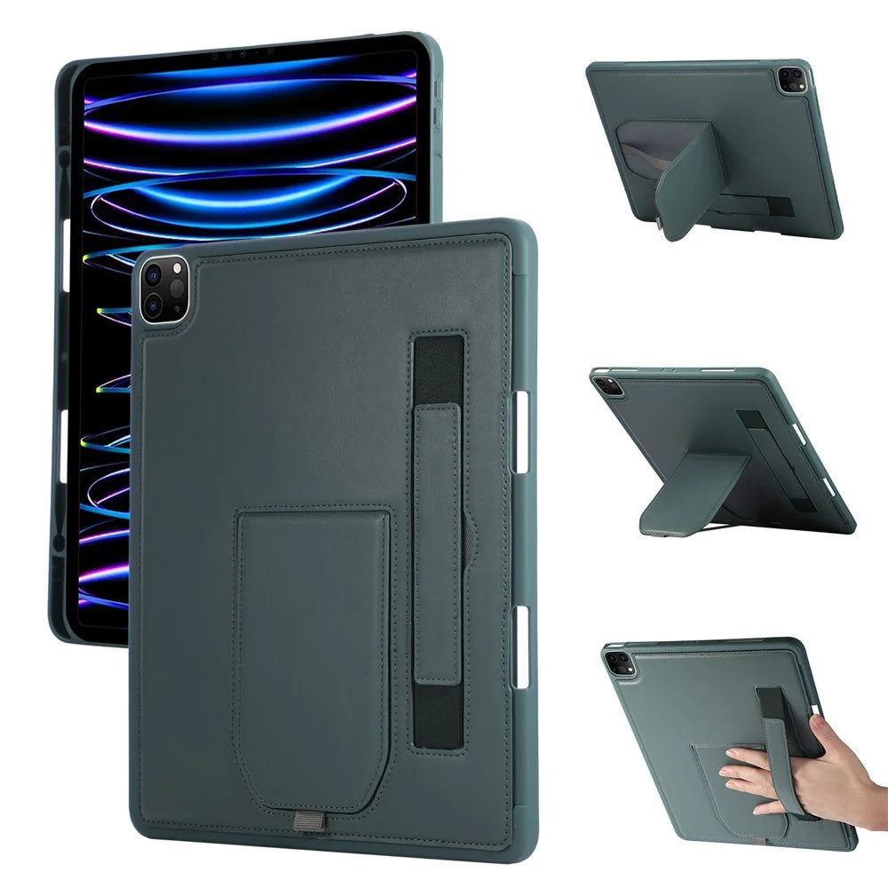 Tablet Case For iPad Air 13 (2026) / (2025) / (2024) / Pro 12.9 (2022) / (2021) / (2020) Kickstand PU + TPU Cover with Wristband  /  Pen Slot - Green - 1
