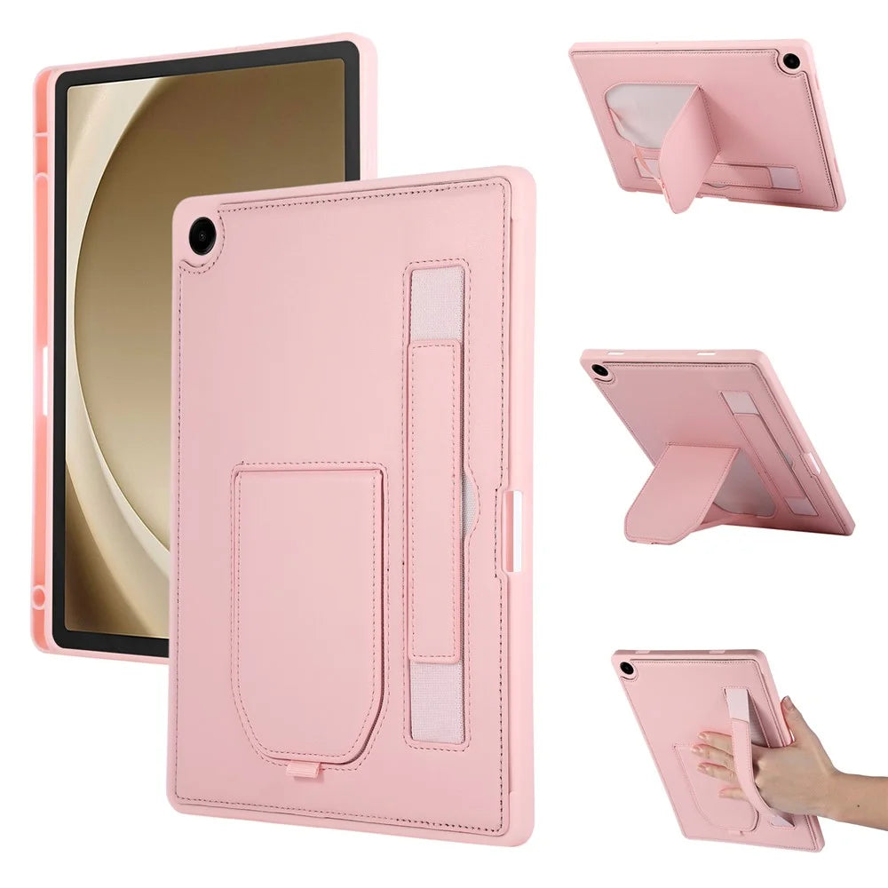 For Samsung Galaxy Tab A11  /  A9 Case Kickstand PU + TPU Tablet Cover with Wristband  /  Pen Slot - Pink - 1