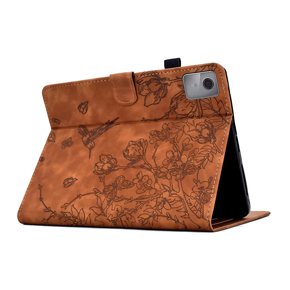 For Lenovo Xiaoxin Pad 12.1 (2025) Case Flower Bird Imprinted Card Holder Leather Tablet Cover - Brown - 4