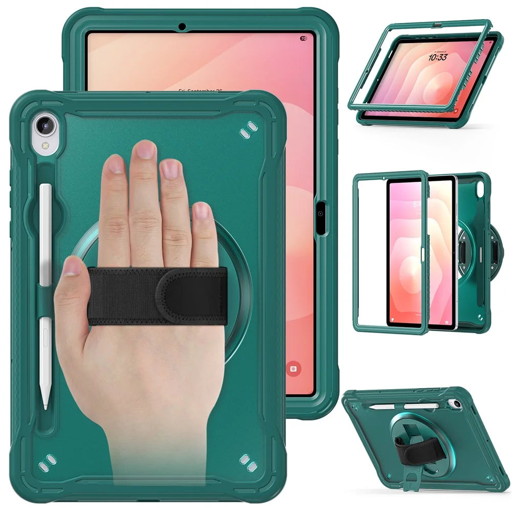 For Samsung Galaxy Tab S11 Case Kickstand PC + TPU + Silicone Tablet Cover with Rotary Hand Strap - Midnight Green - 2