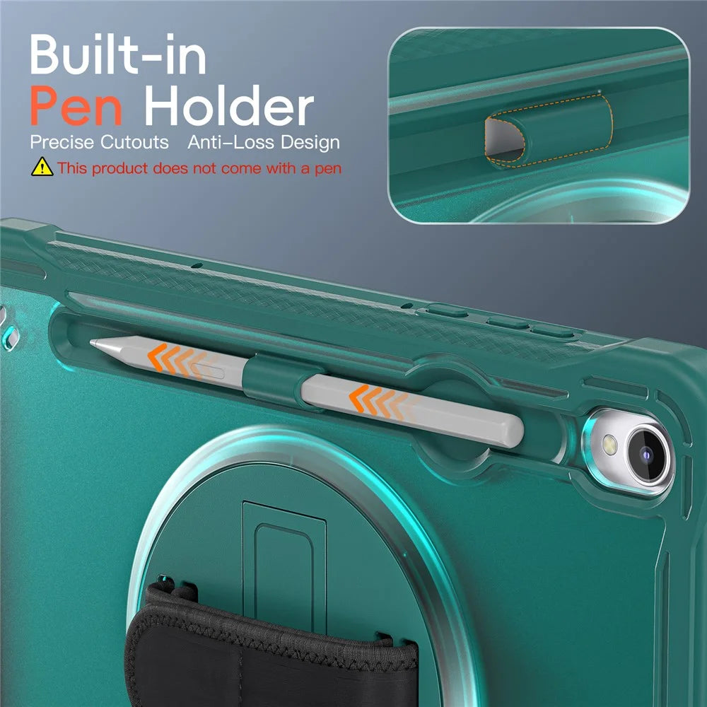 For Samsung Galaxy Tab S11 Case Kickstand PC + TPU + Silicone Tablet Cover with Rotary Hand Strap - Midnight Green - 3