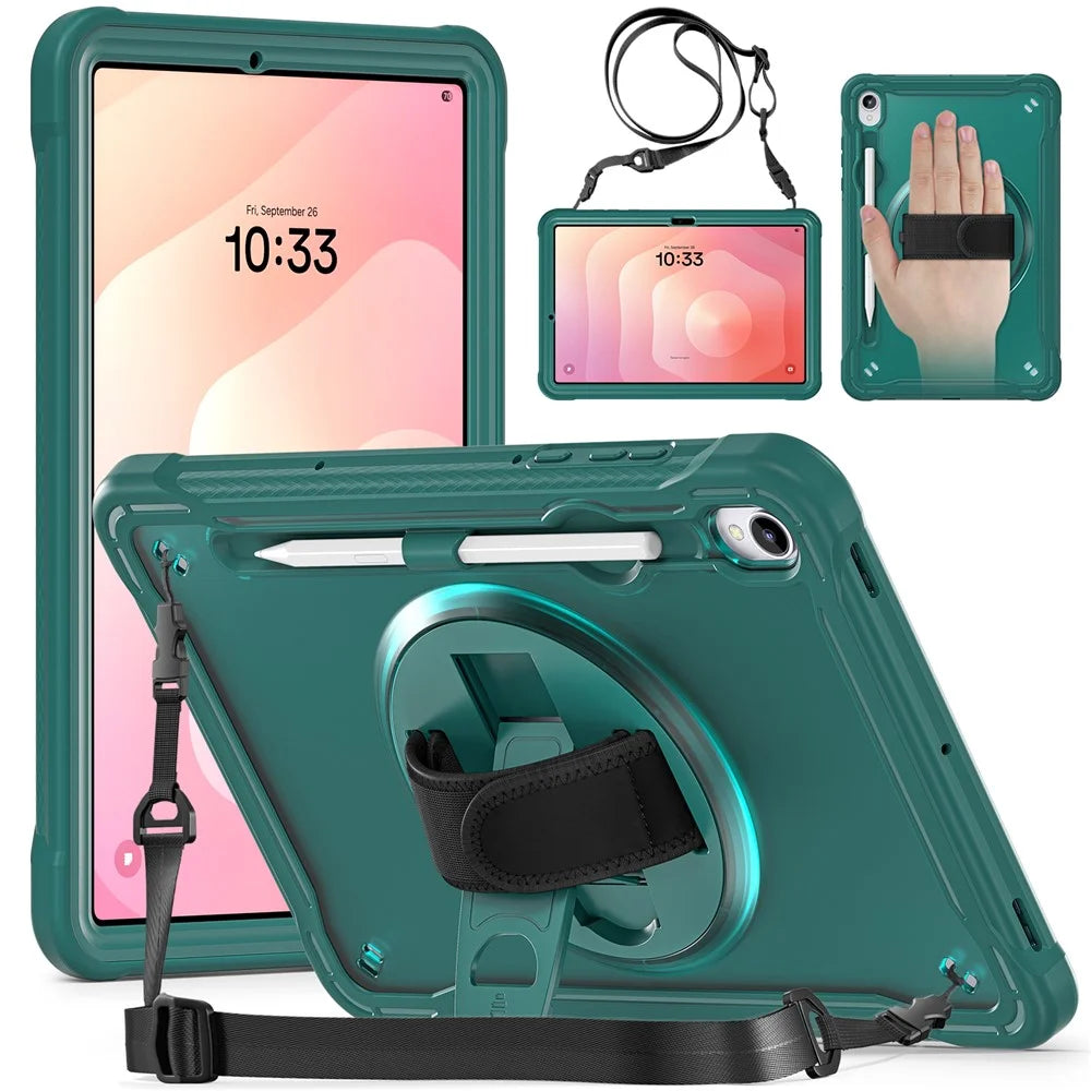 For Samsung Galaxy Tab S11 Case Hand Strap Kickstand PC + TPU + Silicone Cover with Shoulder Strap - Midnight Green - 2
