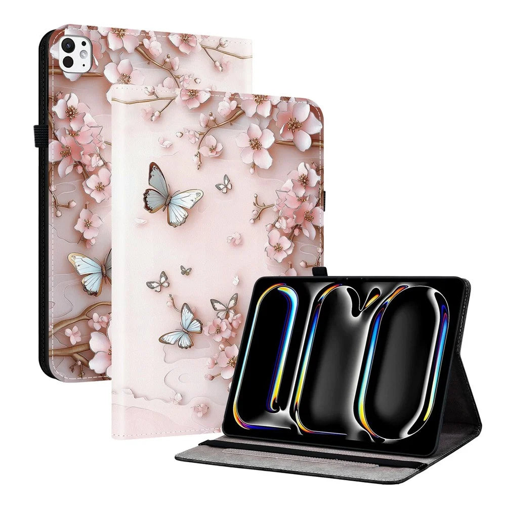 For iPad Pro 13 (2025)  /  (2024) Leather Case Pattern Printed Stand Tablet Cover with Card Slots - Pink Butterfly - 1