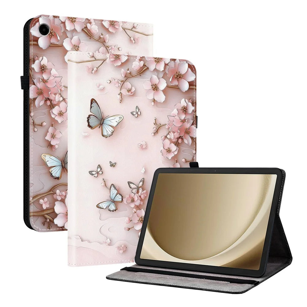 For Samsung Galaxy Tab A11+  /  A9+ Leather Case Pattern Printed Stand Tablet Cover with Card Slots - Pink Butterfly - 1