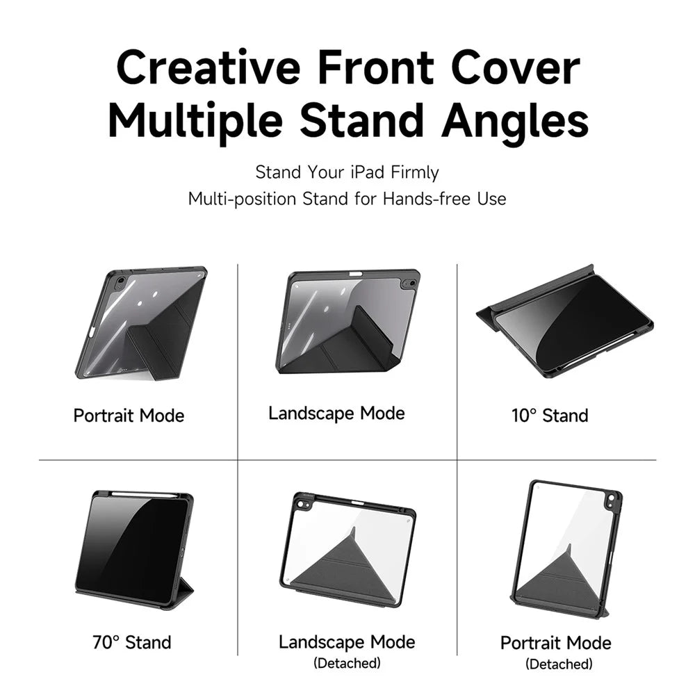 For iPad Air 11 (2026) / (2025) / (2024) / Air (2022) / (2020) Case Detachable Origami Stand Leather + TPU + Acryclic Clear Back Cover - Black - 5